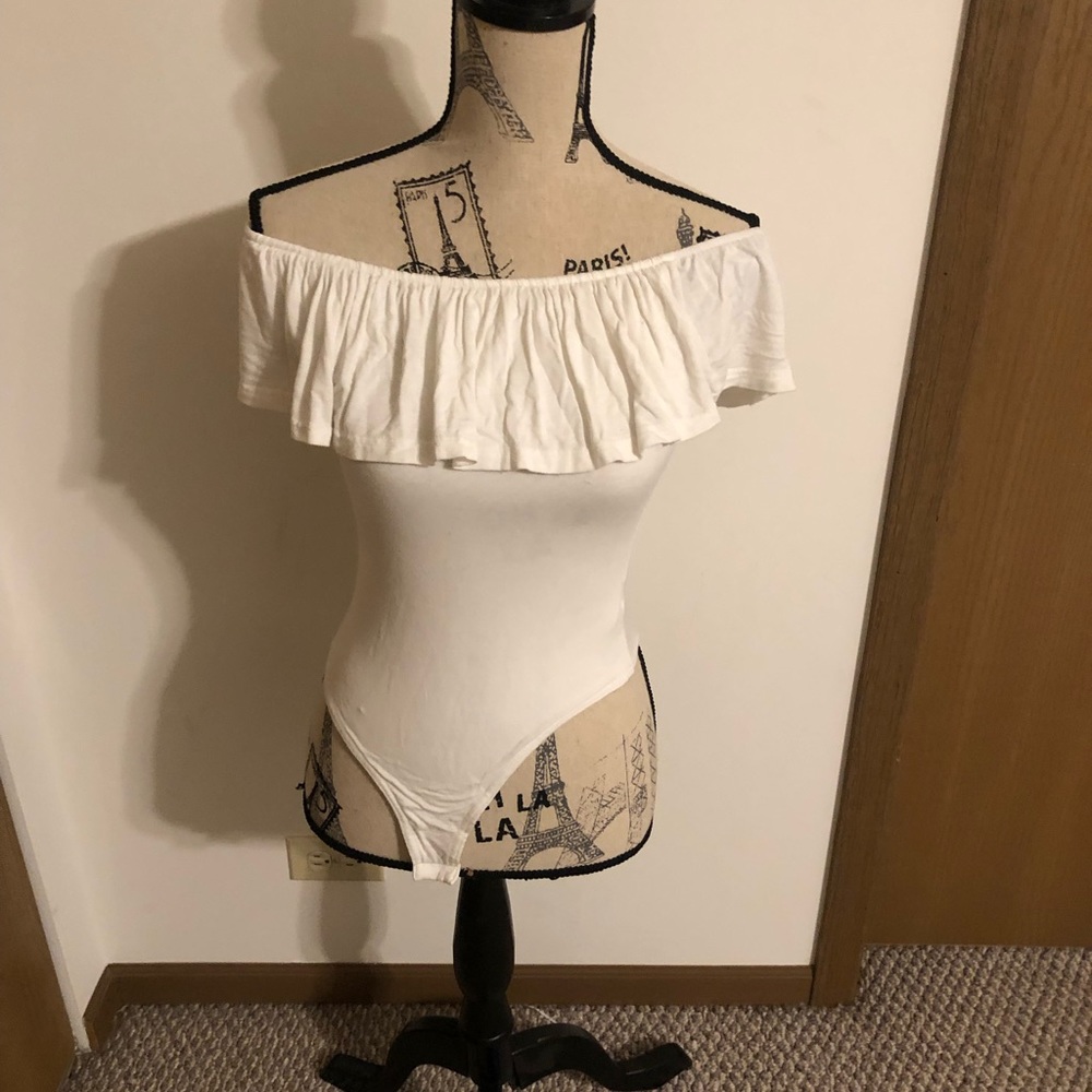White ruffle body suit